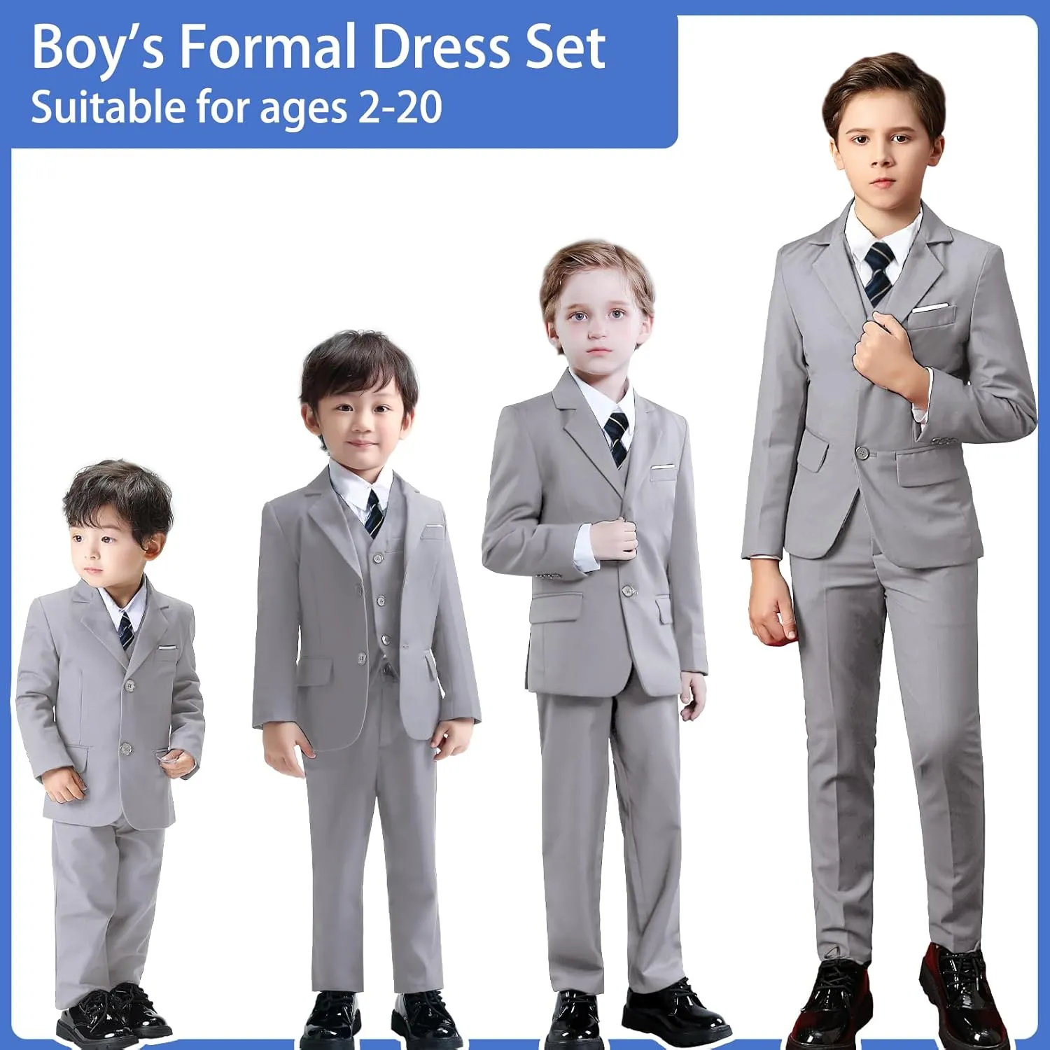 Boys Suit Slim Fit 5 Piece for Kids Toddler Suit Wedding Outfit for Teenage Boys Formal Tuxedo Set
