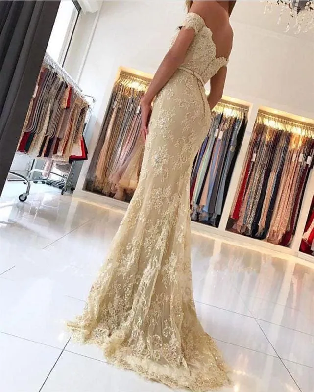 Bridelily Elegant 2019 Lace Mermaid Prom Dresses Off the Shoulder Beading with Belt