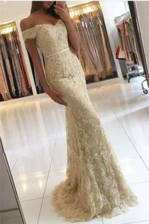 Bridelily Elegant 2019 Lace Mermaid Prom Dresses Off the Shoulder Beading with Belt