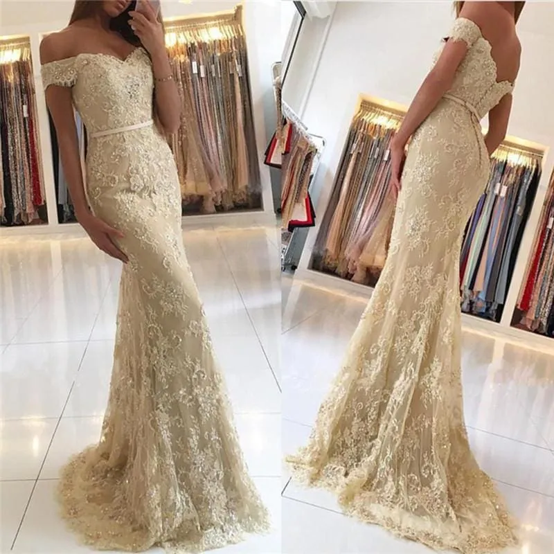 Bridelily Elegant 2019 Lace Mermaid Prom Dresses Off the Shoulder Beading with Belt
