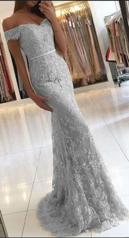 Bridelily Elegant 2019 Lace Mermaid Prom Dresses Off the Shoulder Beading with Belt