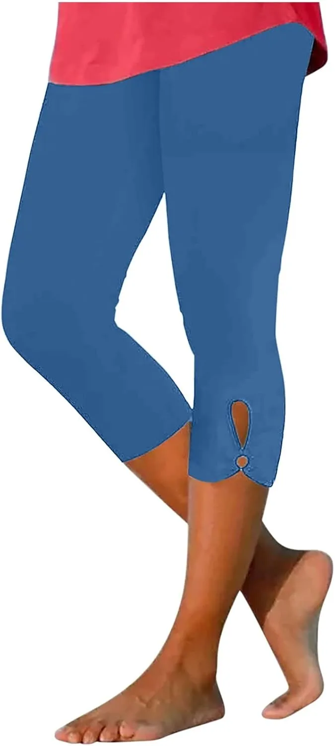 Capri Leggings for Women High Waist Stretch Workout Bottom Cropped Trousers Side Hollow Out Hem Slimming Yoga Pants
