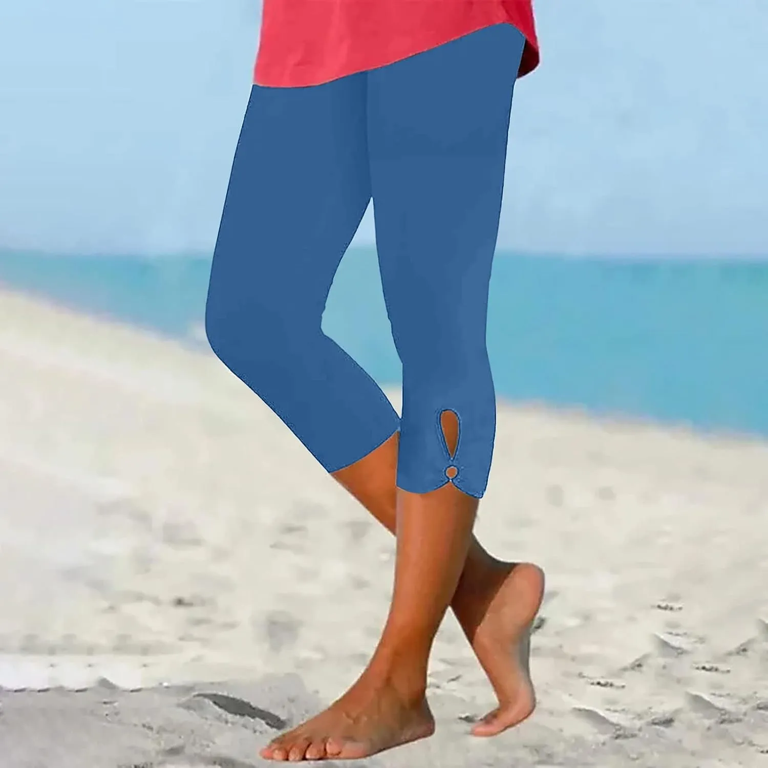 Capri Leggings for Women High Waist Stretch Workout Bottom Cropped Trousers Side Hollow Out Hem Slimming Yoga Pants