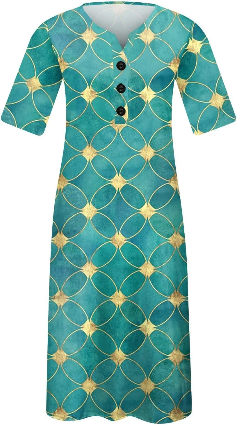 Casual Dresses for Women Loose Short Sleeve Floral Print T Shirt Dresses V Neck Pleated Beach Sundresses with Pockets