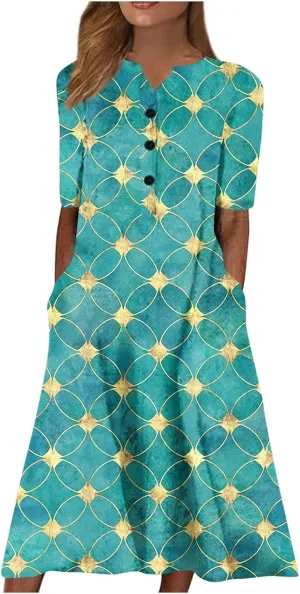 Casual Dresses for Women Loose Short Sleeve Floral Print T Shirt Dresses V Neck Pleated Beach Sundresses with Pockets