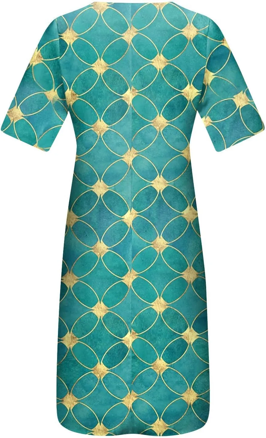 Casual Dresses for Women Loose Short Sleeve Floral Print T Shirt Dresses V Neck Pleated Beach Sundresses with Pockets