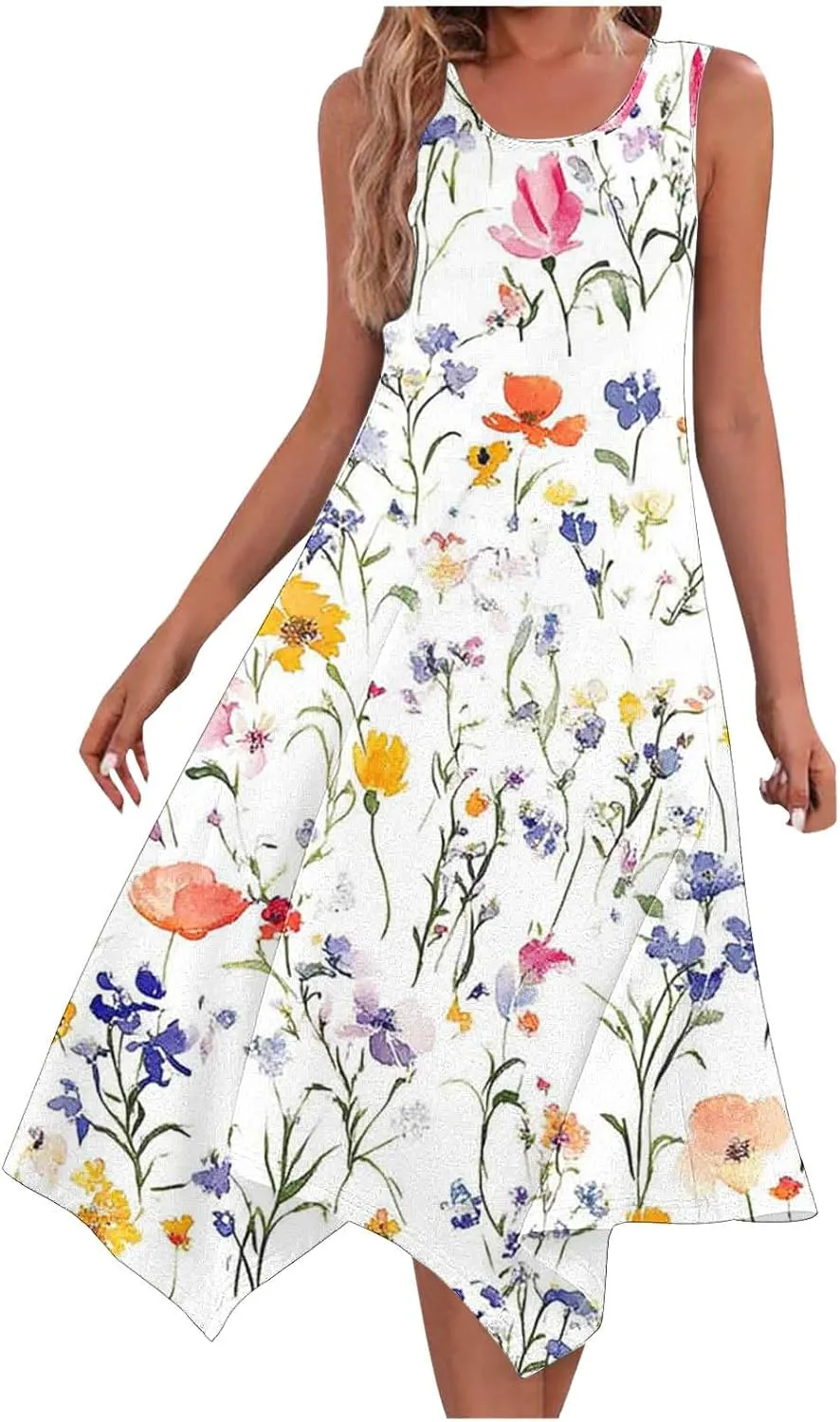 Casual Dresses for Women Summer Sleeveless Floral Beach Sundresses Flowy Irregular Hem Wedding Guest Midi Dress