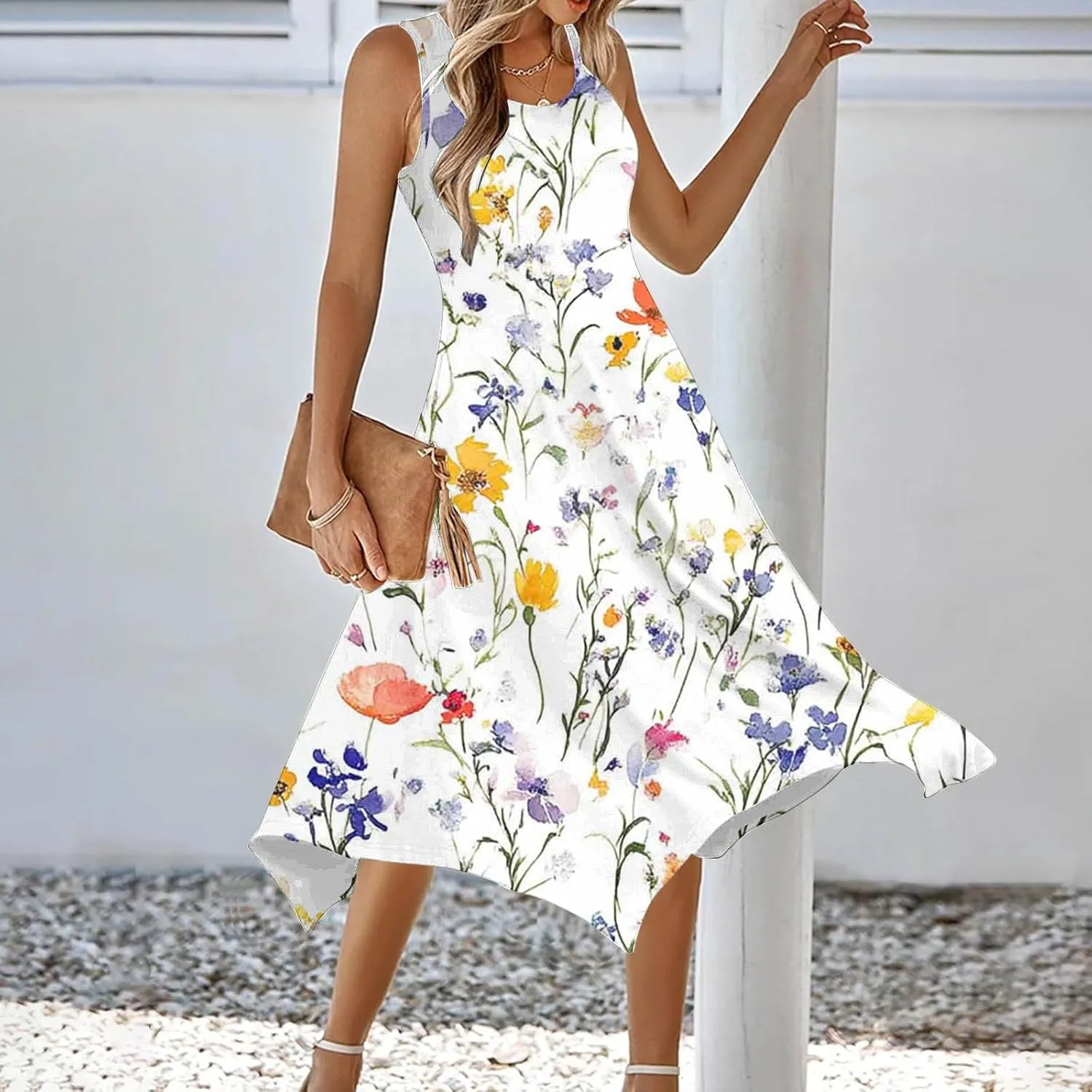 Casual Dresses for Women Summer Sleeveless Floral Beach Sundresses Flowy Irregular Hem Wedding Guest Midi Dress
