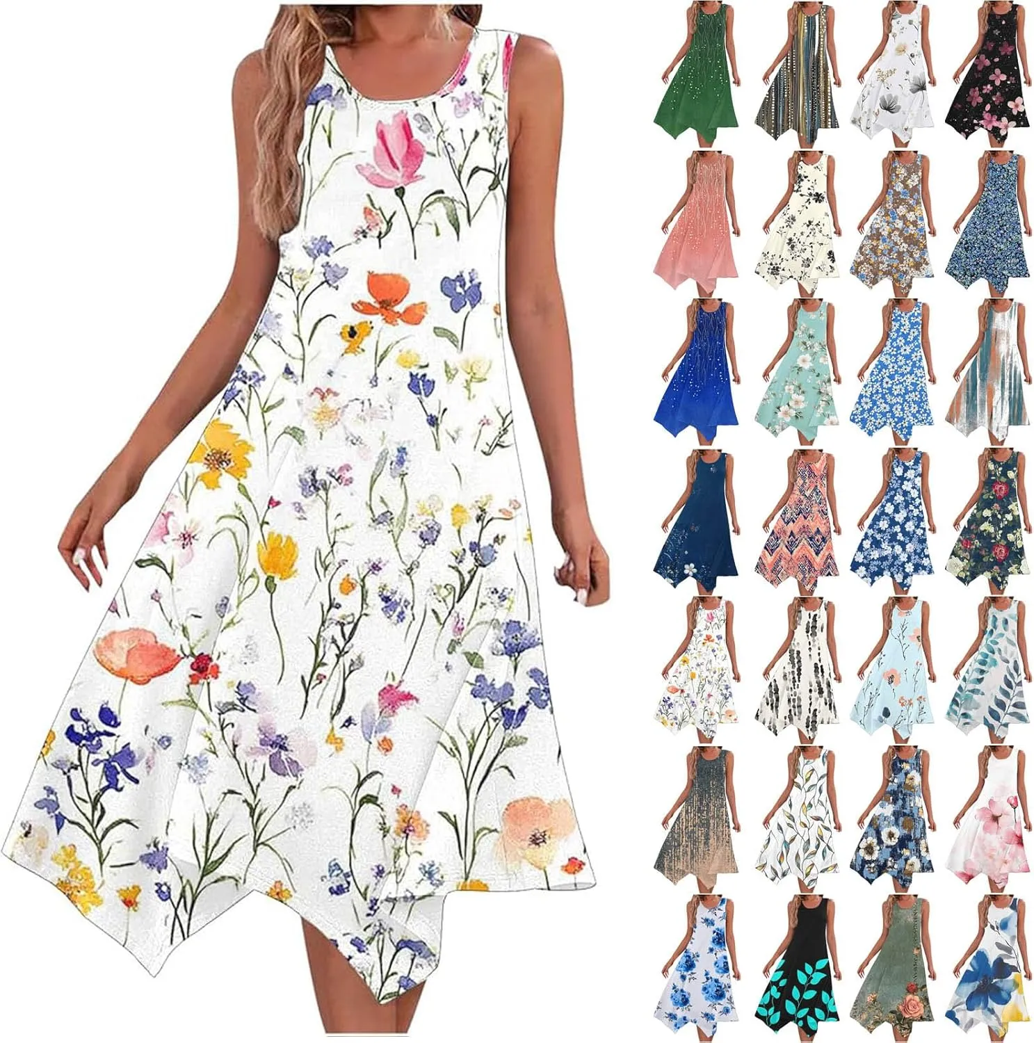 Casual Dresses for Women Summer Sleeveless Floral Beach Sundresses Flowy Irregular Hem Wedding Guest Midi Dress