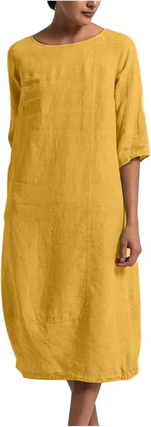 Casual Summer Dresses for Women 2024 Comfy Plus Size Cotton Linen Midi Dresses Loose Fit Half Sleeve Maxi Dresses