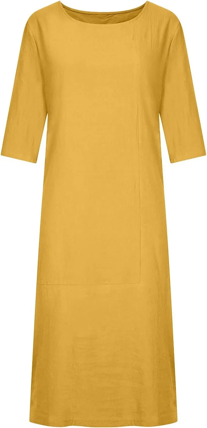 Casual Summer Dresses for Women 2024 Comfy Plus Size Cotton Linen Midi Dresses Loose Fit Half Sleeve Maxi Dresses