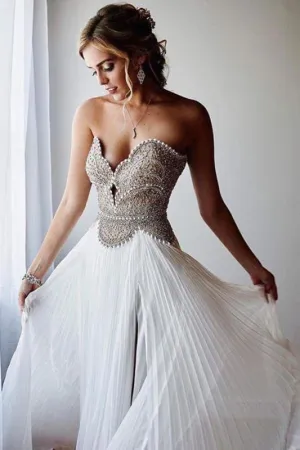 Charming Sweetheart Beaded Formal Cheap Long Elegant Chiffon Prom Dress