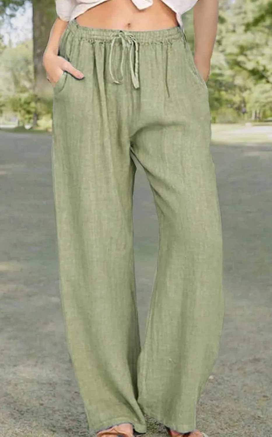 chouyatou Women's Summer Loose Drawstring Waist Beach Linen Wide Leg Pants Palazzo