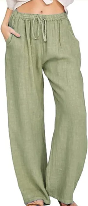 chouyatou Women's Summer Loose Drawstring Waist Beach Linen Wide Leg Pants Palazzo