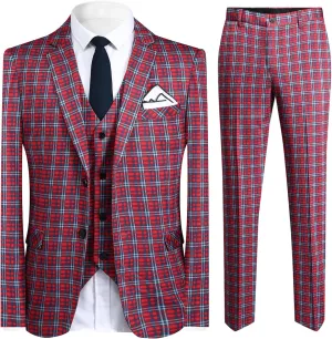 Cloudstyle Mens 3 Piece Slim fit Checked Suit Blue/Black Single Breasted Vintage Suits