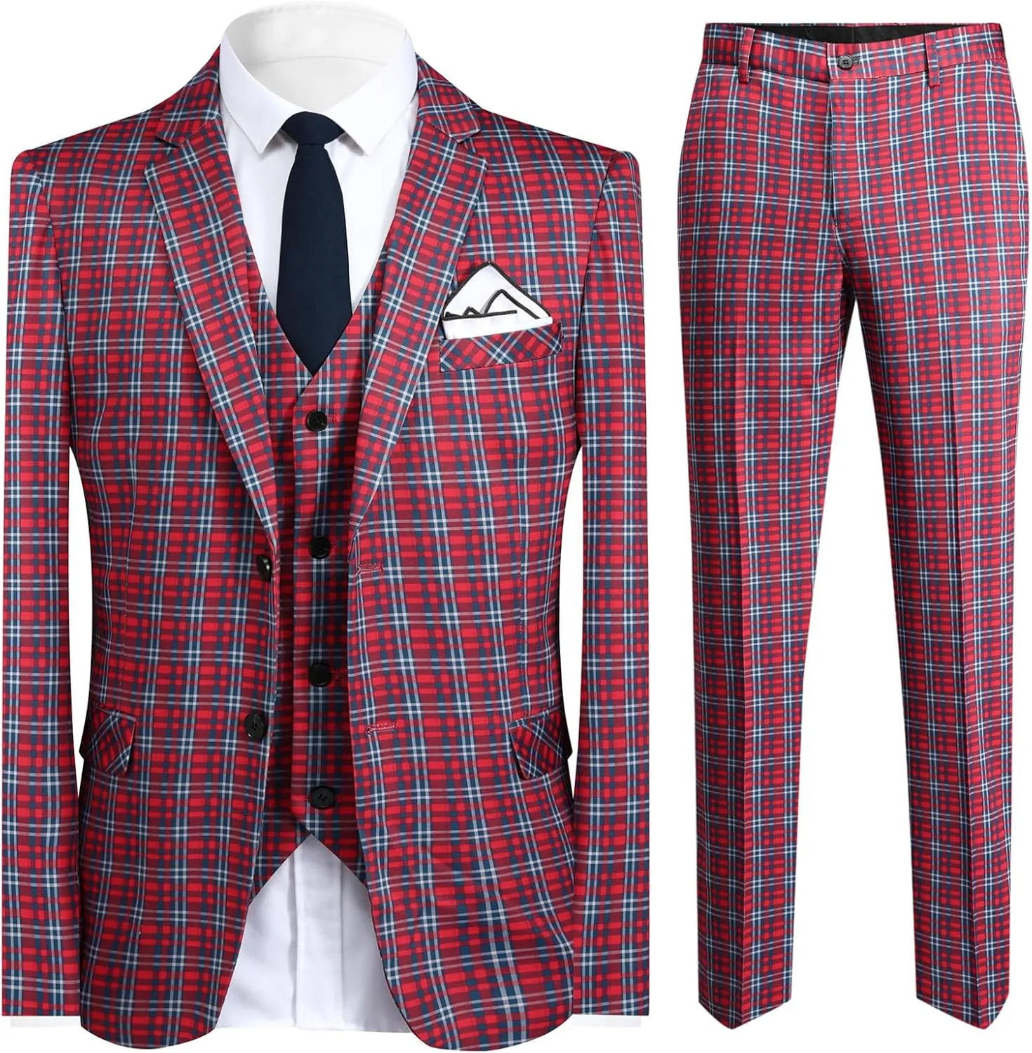 Cloudstyle Mens 3 Piece Slim fit Checked Suit Blue/Black Single Breasted Vintage Suits