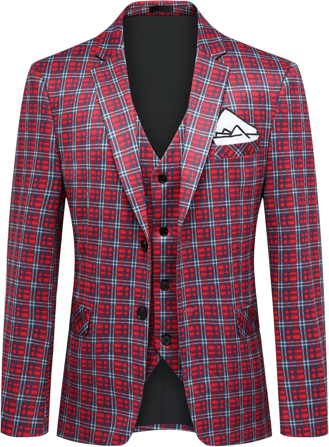 Cloudstyle Mens 3 Piece Slim fit Checked Suit Blue/Black Single Breasted Vintage Suits