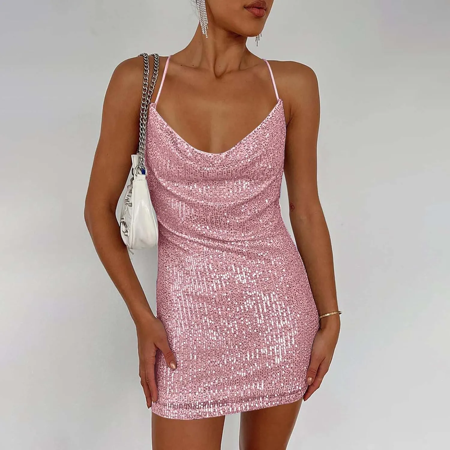 Cocktail Dresses for Women 2024 Sexy Sequin Slim Fit Bodycon Mini Dress Spaghetti Strap Deep v Neck Short Party Dress
