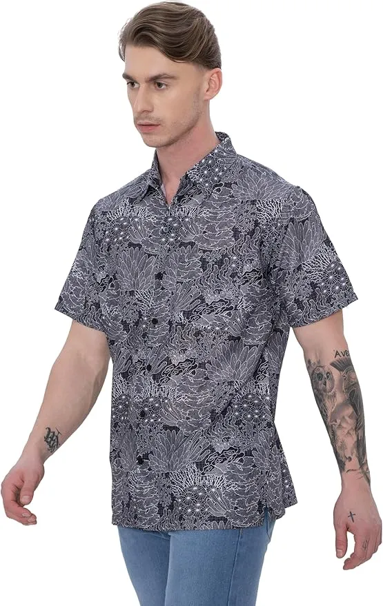 Coral Coast Linen Effect Mens Soft Breathable Hawaiian Shirt Black