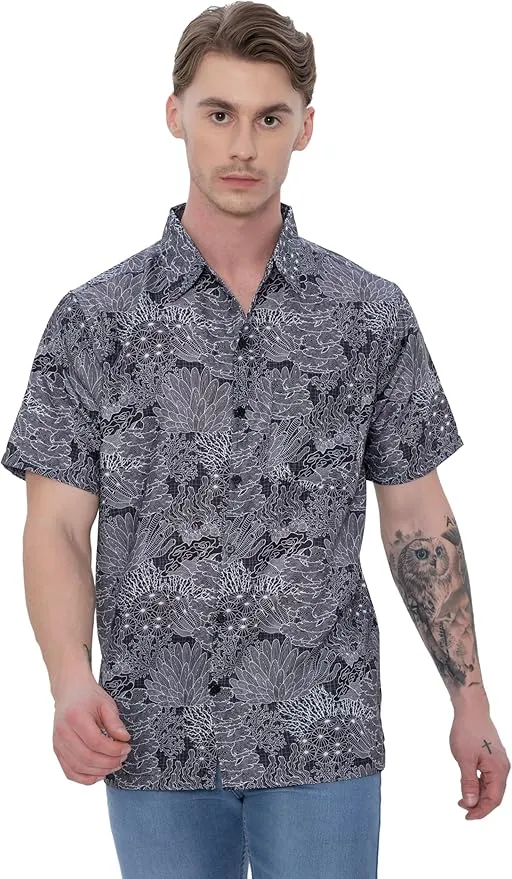 Coral Coast Linen Effect Mens Soft Breathable Hawaiian Shirt Black