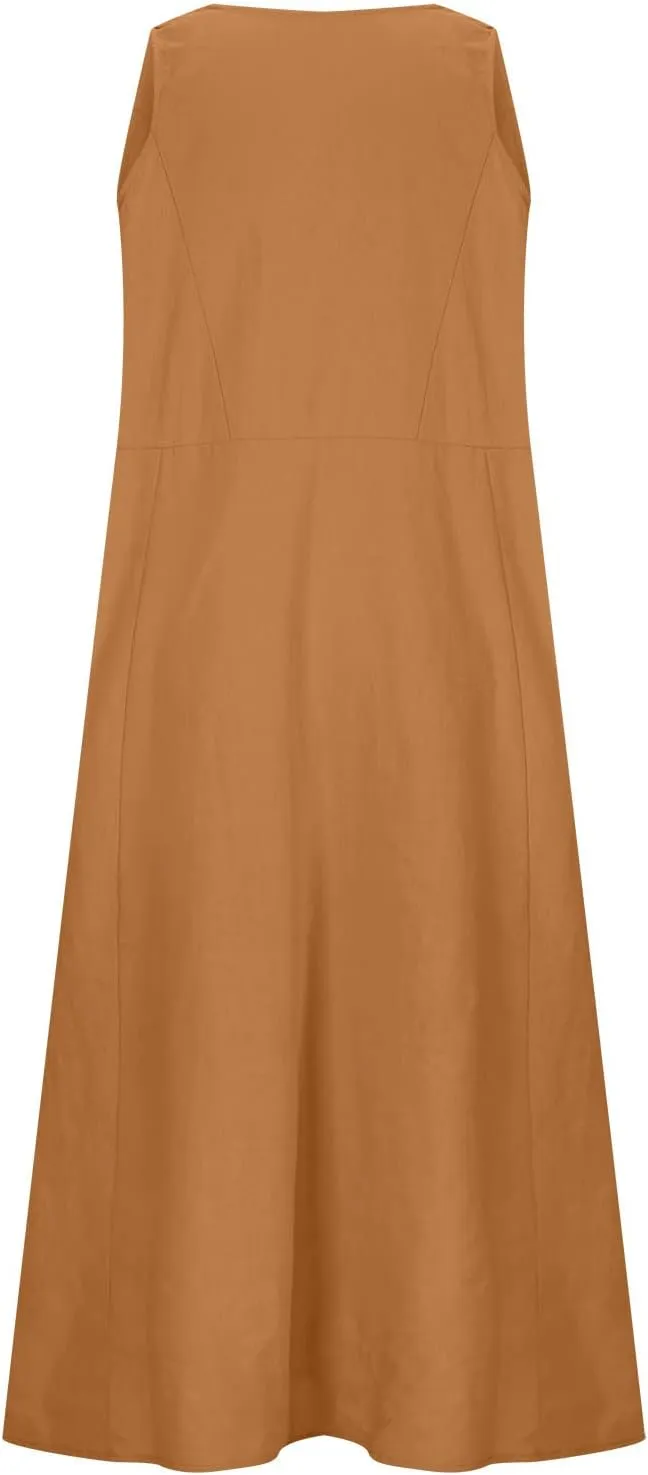 Cotton Line Dresses for Women 2023 Casual Summer Sleeveless Beach Flowy Sundress with Pockets Loose Tank Dress