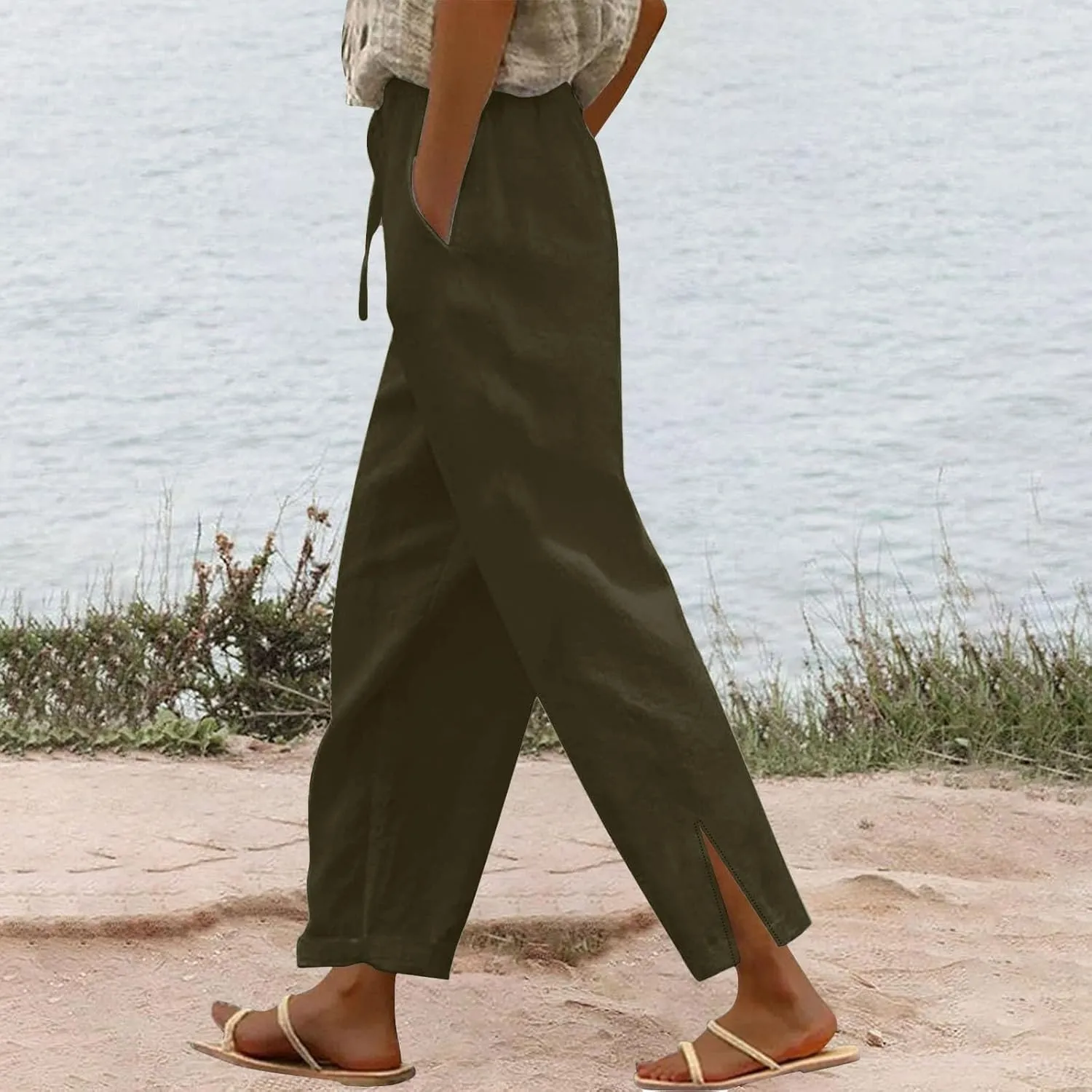 Cotton Linen Pants for Women 2025 Summer Gauze Drawstring High Waisted Wide Leg Trousers Beach Vacation Clothes