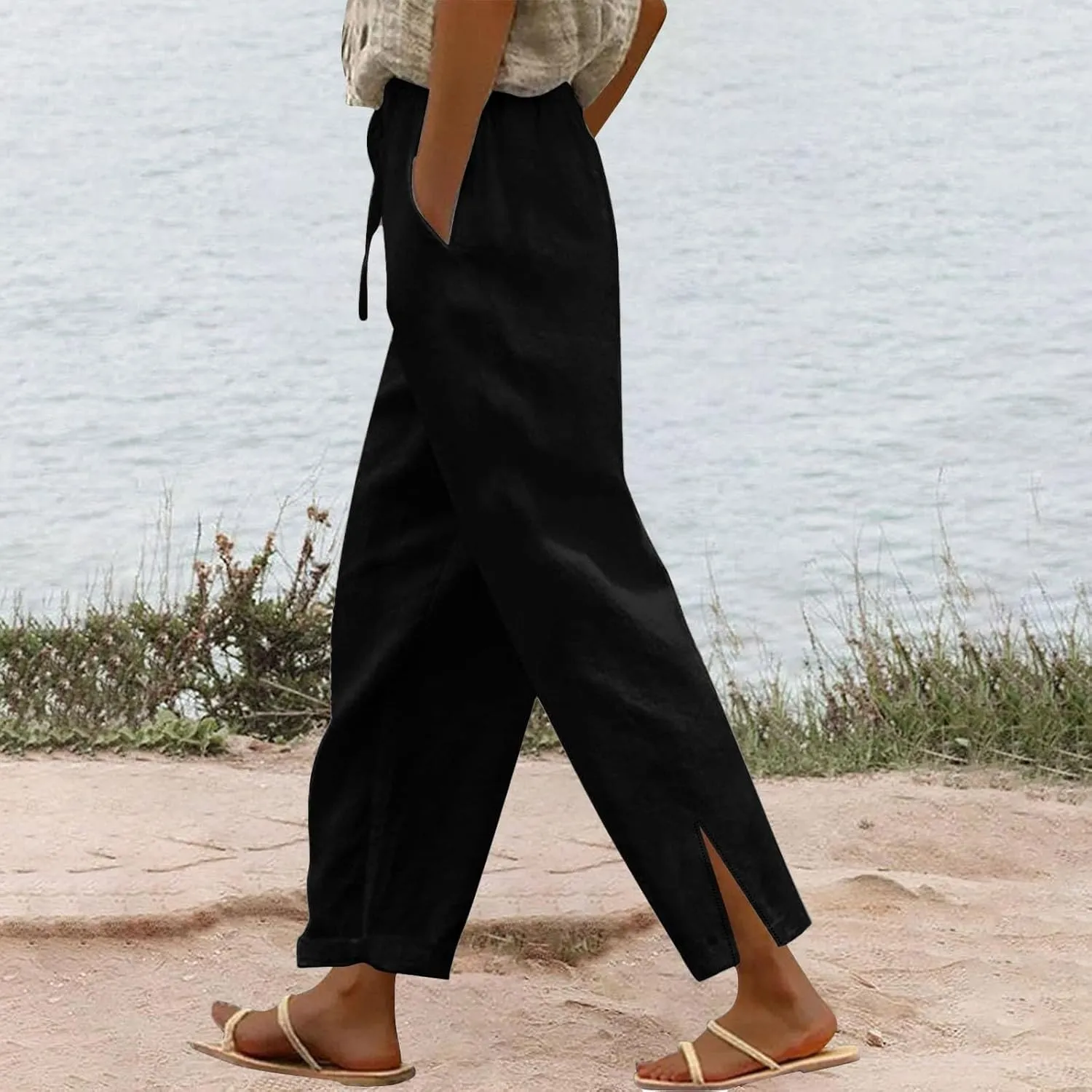 Cotton Linen Pants for Women 2025 Summer Gauze Drawstring High Waisted Wide Leg Trousers Beach Vacation Clothes