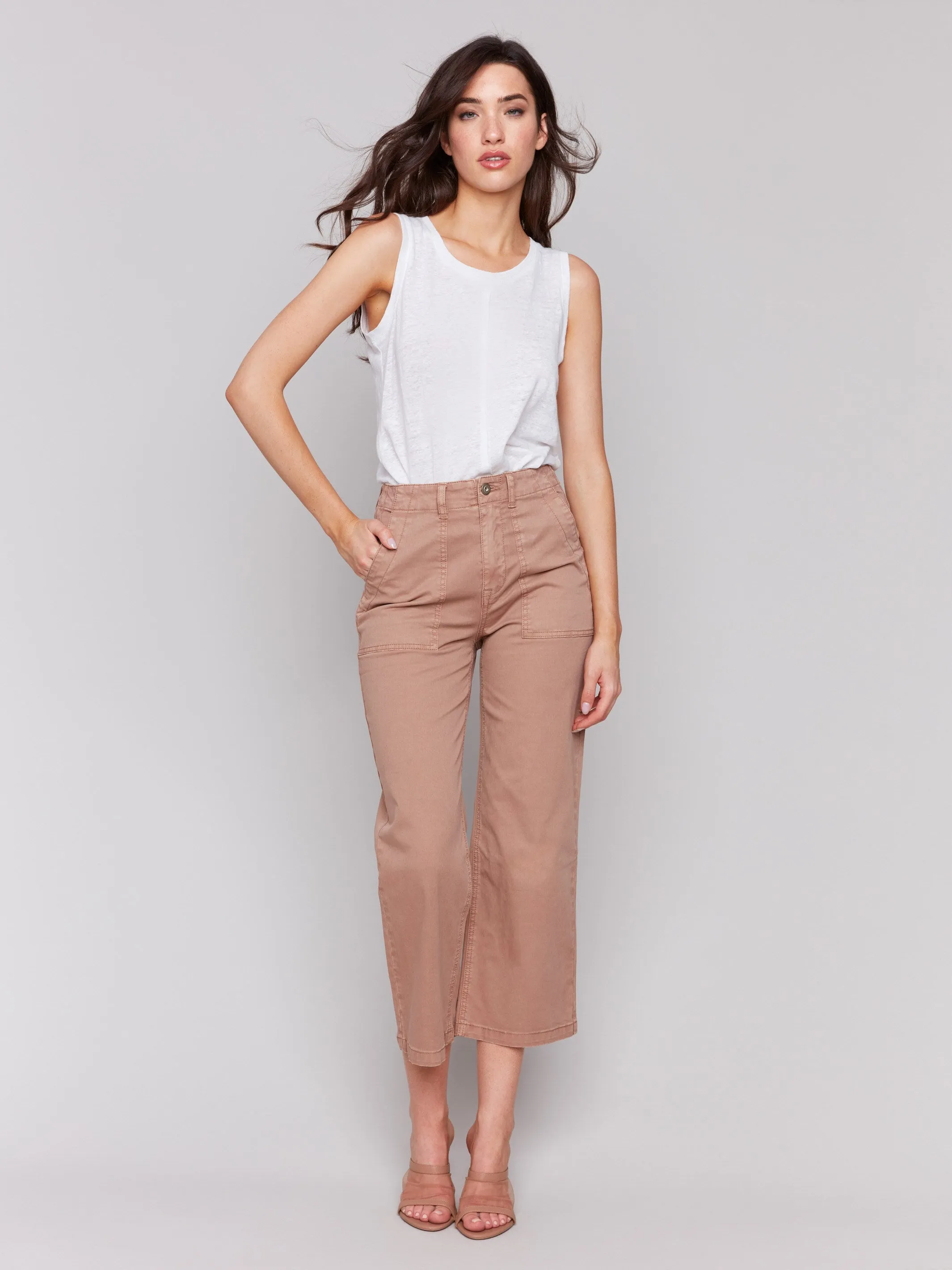 Cropped Utility Pocket Twill Pants - Biscuit