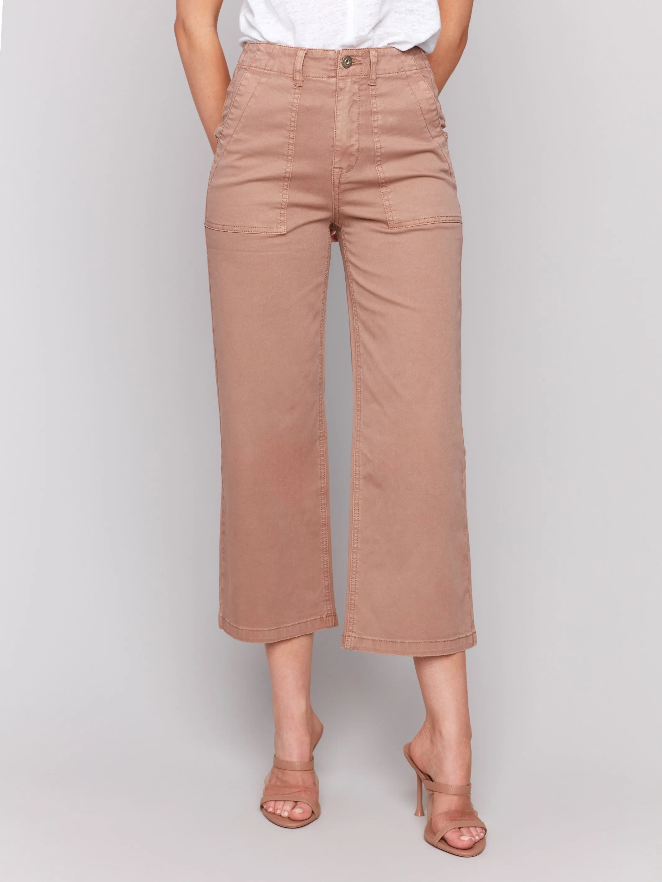 Cropped Utility Pocket Twill Pants - Biscuit