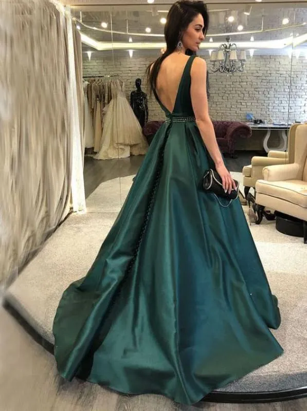 Dark Green Backless Evening Elegant Sleeveless Long Formal Dress