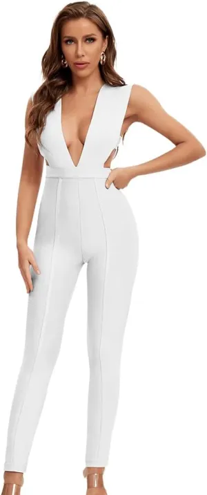 Deep V Neck Sexy Rayon Clubware Bandage Jumpsuit Bodycon Romper Pants