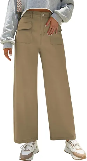 Dokotoo Women's Pants High Waisted Cargo Pants Womens Baggy Jeans for Women Straight Wide Leg 2025 Spring Outfits Fashion Clothes Casual Trendy Pocket Teen Girls Trousers Stretch Denim Brown