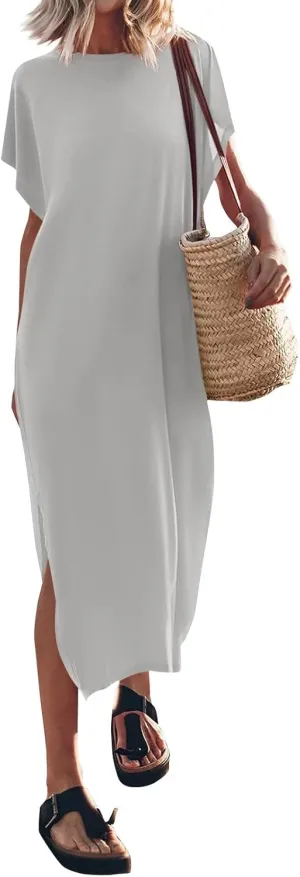 Dresses for Women 2024 Casual, Summer Solid Hawaiian Beach Cocktail Dress Crewneck Batwing Sleeve Slit Long Dresses