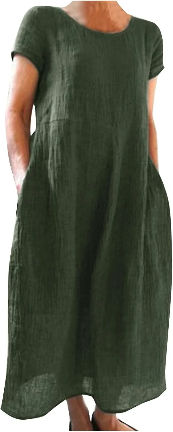 Dresses for Women 2025 Summer Cotton Linen Solid Gauze Dress Loose Casual Beach Vacation Flowy Midi Dress with Pockets