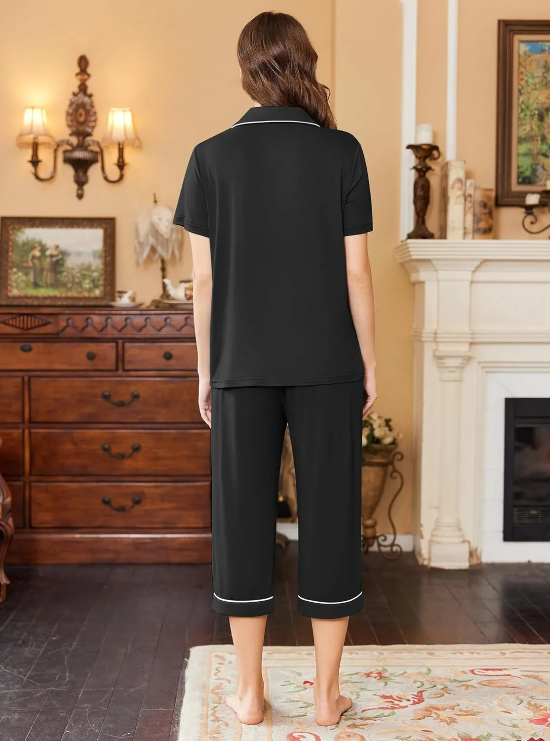 Ekouaer Capri Pajamas for Women Short Sleeve Button Down Sleepwear Comfy Lounge Set 2-Piece Pants Pjs