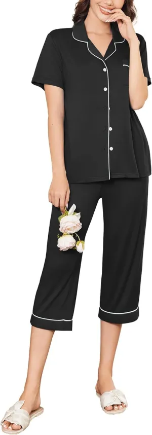 Ekouaer Capri Pajamas for Women Short Sleeve Button Down Sleepwear Comfy Lounge Set 2-Piece Pants Pjs
