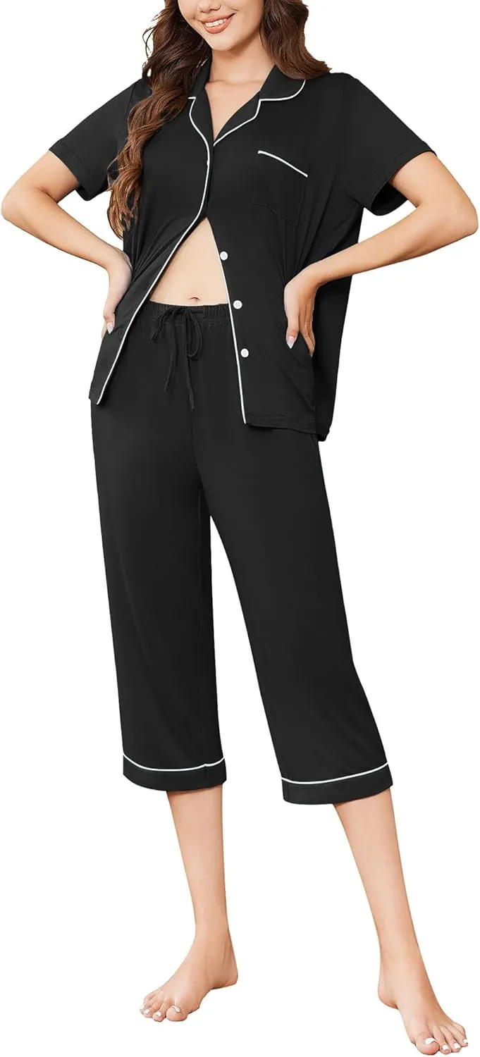 Ekouaer Capri Pajamas for Women Short Sleeve Button Down Sleepwear Comfy Lounge Set 2-Piece Pants Pjs