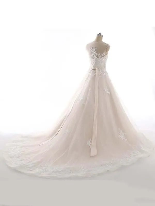 Elegant Bateau Lace Appliques Ribbon Wedding Dresses
