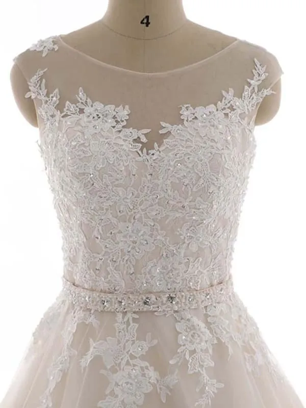 Elegant Bateau Lace Appliques Ribbon Wedding Dresses