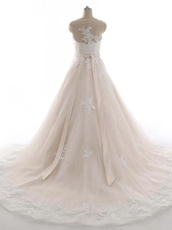 Elegant Bateau Lace Appliques Ribbon Wedding Dresses