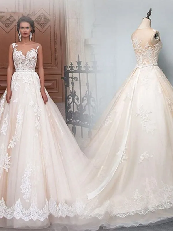 Elegant Bateau Lace Appliques Ribbon Wedding Dresses