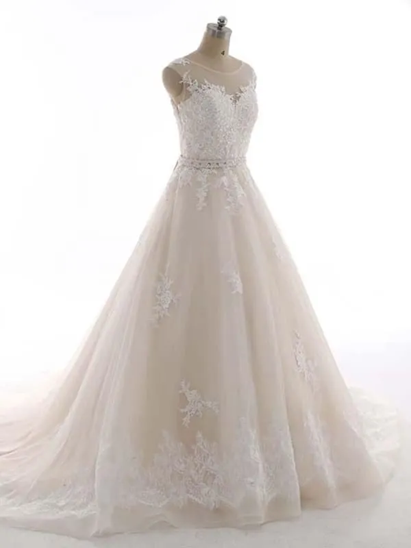 Elegant Bateau Lace Appliques Ribbon Wedding Dresses