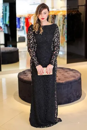 Elegant Black Long Sleeves Backless Floor-length Bateau Lace Plus Size Prom Dress