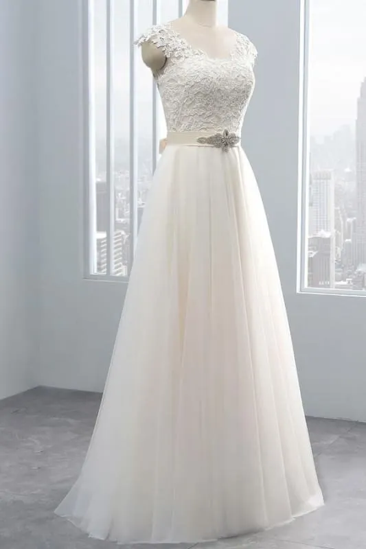 Elegant Cap Sleeve Lace Tulle A-line Wedding Dress