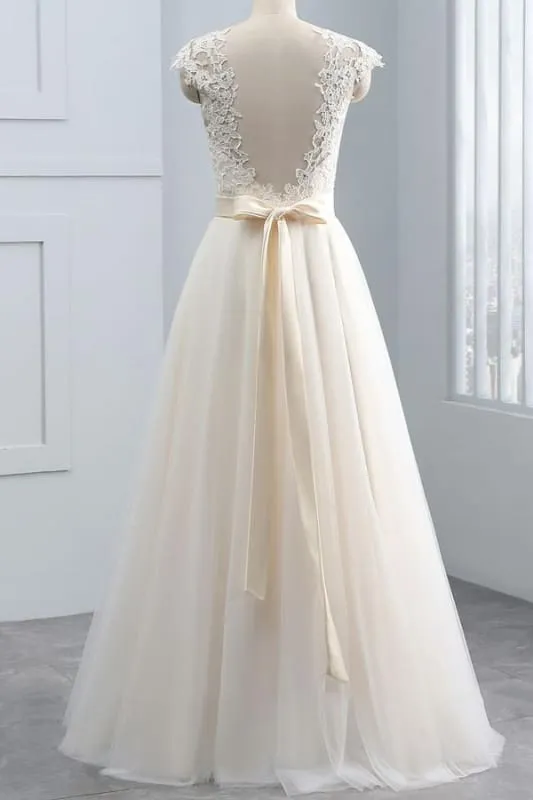 Elegant Cap Sleeve Lace Tulle A-line Wedding Dress