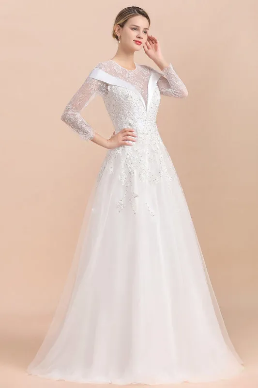 Elegant Floor Length Lace Long Sleeve Wedding Dress