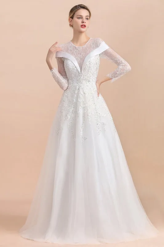 Elegant Floor Length Lace Long Sleeve Wedding Dress