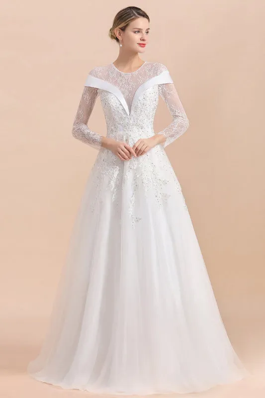 Elegant Floor Length Lace Long Sleeve Wedding Dress