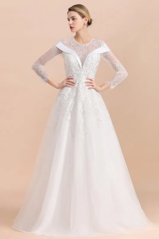 Elegant Floor Length Lace Long Sleeve Wedding Dress
