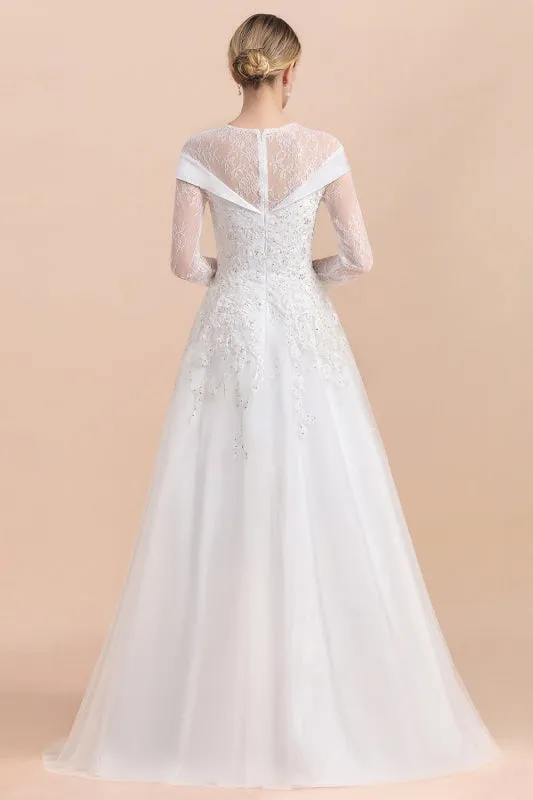 Elegant Floor Length Lace Long Sleeve Wedding Dress